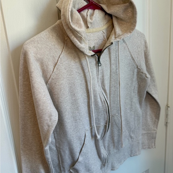 5/$10 | Oatmeal Colored Zip-Up Hoodie with Raw Hem Detail - Picture 2 of 9
